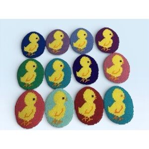 Needlepoint Easter Chicks Egg Shape Hanging COMPLETED On Plastic Canvas